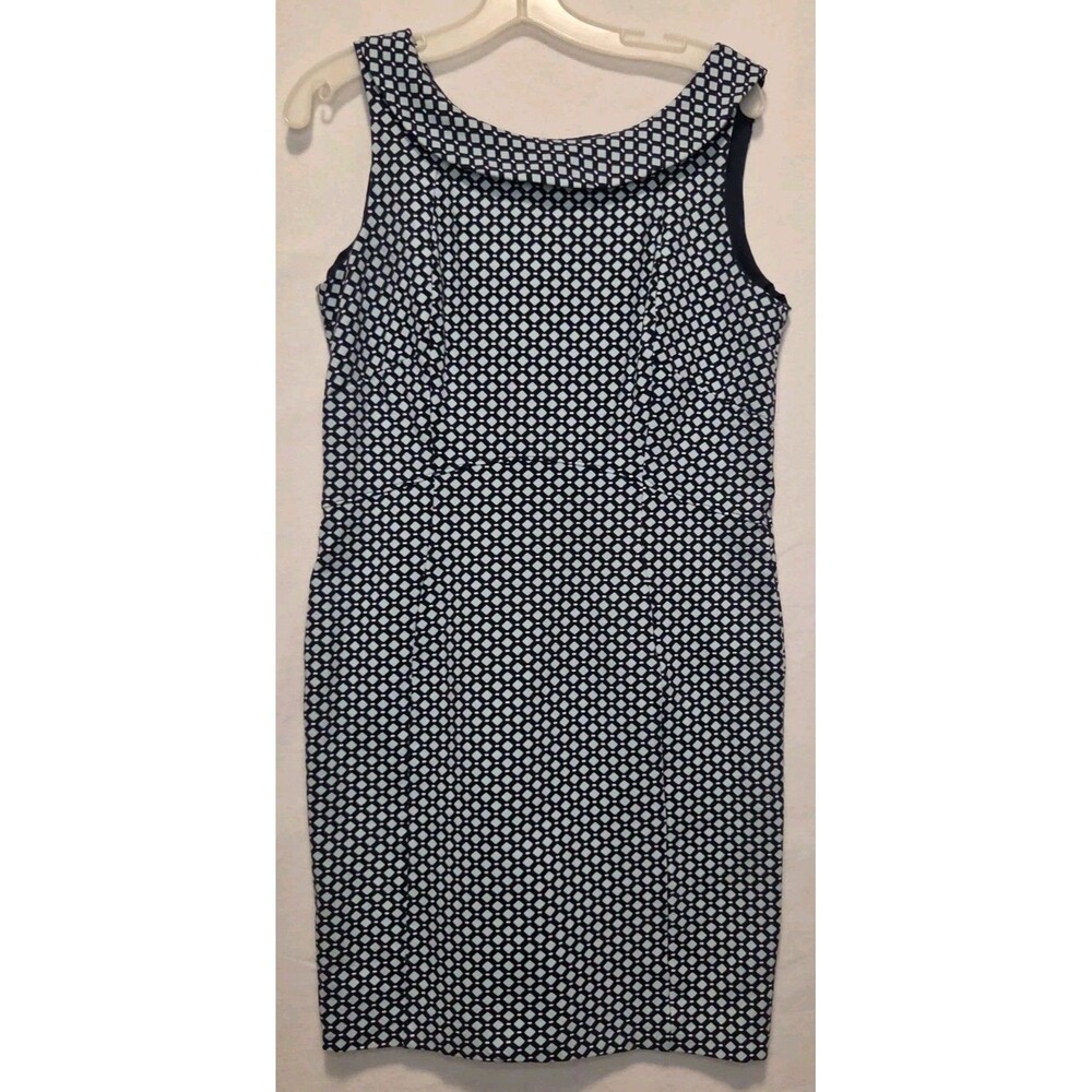 Lands End 14P Pointe Sheath Dress Navy White Aqua Office Business Career